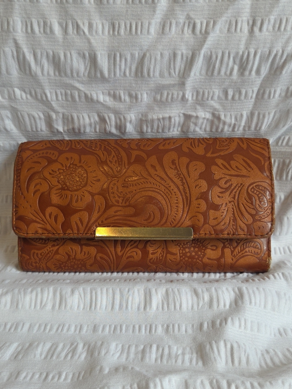 Kim Rogers Tan Embossed Floral Clutch with Gold Accent